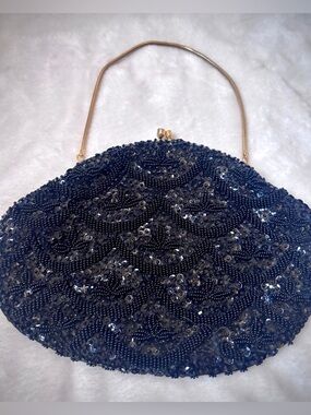 Vintage La Regale Black Beaded Sequin Evening Bag Kiss Lock Purse Hong Kong